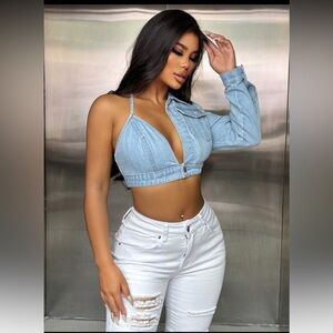 Denim Blue asymmetrical open back Women's One Shoulder Crop Top